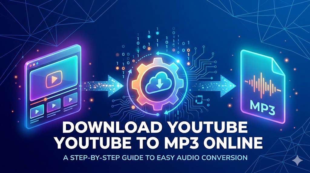 A simple icon image with text: download YouTube to MP3 online. The image is in blue color style