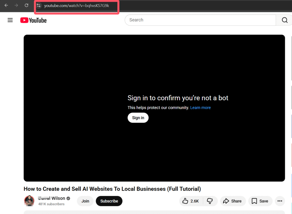 A YouTube video page requires users to sign in