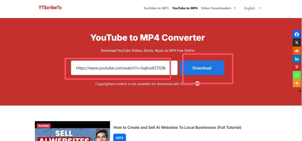 A YouTube to MP4 converter website main page with red and white color theme.